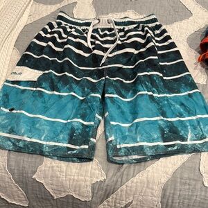 O'Neill Blue and White Board Shorts with Gradient Stripes